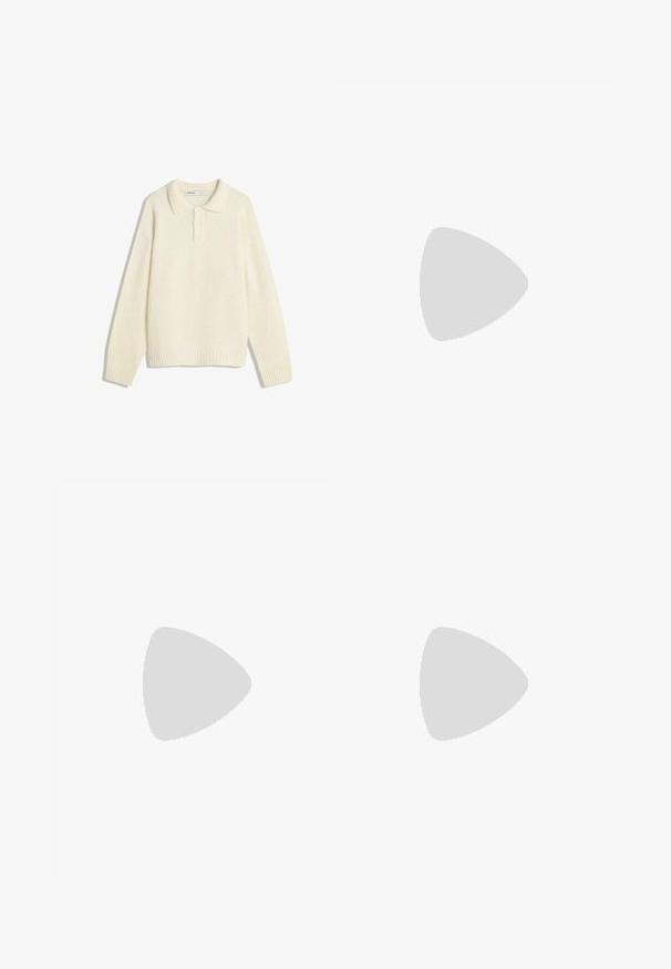 Cremfarbener Pullover mit Kragen, Vier-Knopf-Verschluss, weiten gerippten Bündchen und Saum. Sanfte Textur, lockere Passform und minimalistisches Design.; Kurzarmhemd aus Baumwollmix in Weiß, mit einem spitzen Kragen, sieben Knöpfen und einer Brusttasche. Glatte Textur mit klassischer Passform.; Schwarze weit geschnittene Hose aus glattem Stoff, mit flachem Taillenbund, vorderen Falten und einer einzigen Knopfverschlus.; Mango Business-Slipper - black