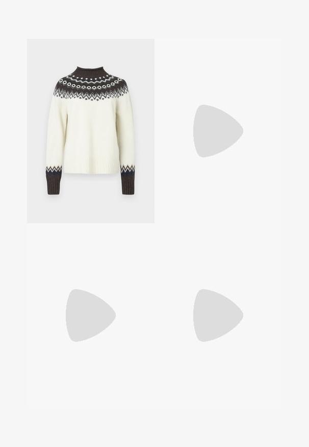 Knitted sweater with a cream body, dark brown high neck, and patterned yoke featuring geometric designs in white, blue, and dark brown.; Iro ANDREEA - Wide Leg - mixed grey; Black leather ankle boot with a smooth texture, pointed toe, and a chunky high heel. Features a side opening and minimalistic design.; Python-print handbag in beige and black, featuring a structured shape, buckle detail, and dual shoulder straps.  Textured surface.