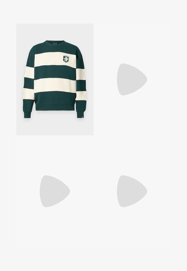 Tume roheline ja valge triibuline pika varrukaga sviiter, millel on rindkerel "Italy EA7" märk ja väikene EA7 silt varruka otsas.; Mustuse mustrega lühikeste varrukatega T-särk ümmarguse kaelusega, millel on mitmevärvilised triibulised nööbid krael ja varrukatel. Pehme kangastekstuuri.; Mustade elastse vööga dressipüksid kitsaste jalgevahedega ja väikese logo ülemisel reiel, esitatud valgel taustal.; Must värvi nahast spordikingad sileda viimistlusega, ümmarguse varbaga ja mustade paeltega. Omab minimaalset brändimist kontsapooles ja kummist tallat.