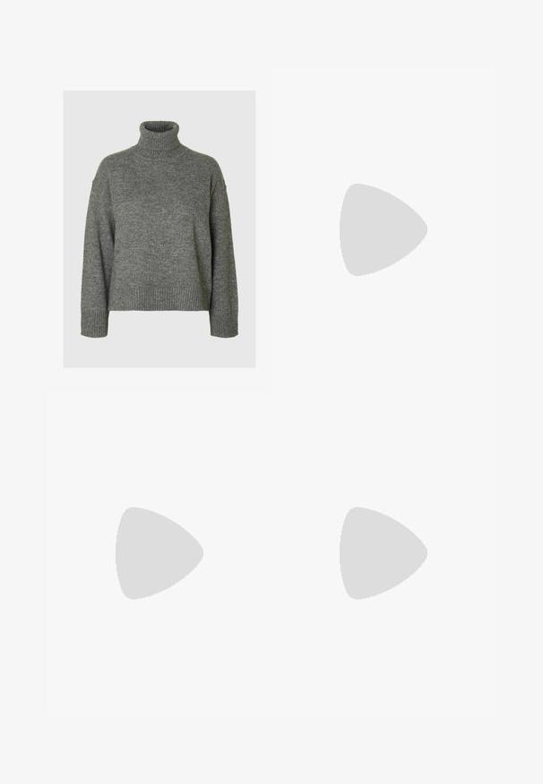 Pelēks turtlenecks džemperis no mīksta, teksturēta materiāla ar brīvu piegriezumu. Iekļauj ribotas apkakles, piedurkņu un apakšmalas. Vienkāršs dizains.; Melna mini svārki, izgatavoti no gludas, elastīgas auduma. Iezīmē elastīgu jostasvietu un vienkāršu, plūstošu dizainu. Bez rakstiem vai rotājumiem.; Zign Zābaki - black; Melnas ovālās saulesbrilles ar tumšiem stikliem un spīdīgu plastmasas rāmi. Iezīmētas ar zelta logo uz tempļa, nodrošinot elegantu un modernu dizainu.; Melnas ādas plecu soma ar gludu virsmu, aprīkota ar plānu, garu siksnu un ar smalku šuvumu pa vidu.