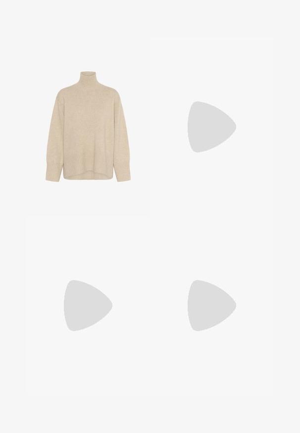 Beige Rollkragenpullover aus weichem Strickmaterial. Verfügt über einen gerippten Saum und Bündchen, hat eine lockere Passform und lange Ärmel.; Weißer Wickelrock mit schichtweisem Design, der mit strukturierten Spitzendetails entlang des Saums, weichem Stoff und einer fließenden Silhouette versehen ist.; Beige Wildleder Kniefallstiefel mit spitzem Zehen und schlankem Absatz. Verfügt über vertikale Nähte entlang des Schafts für zusätzliche Details.; Weiße Leder-Crossbody-Tasche mit strukturiertem Finish, rechteckiger Form, goldfarbenem Hardware-Verschluss und abnehmbarem Riemen.