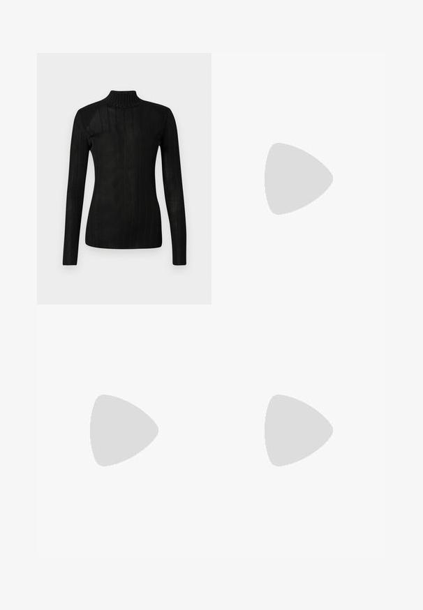 Black turtleneck sweater featuring long sleeves, ribbed texture, lightweight knit material, and a fitted silhouette. No visible logos or patterns.; Long-sleeve blouse in ivory with black geometric print, contrasting black collar and cuffs, and a black tie detail. Gold button accents at cuffs.; Burgundy mini skirt with a slim fit, featuring a front zip, decorative zippers, a slit, and a button closure with gold accents.; Black leather high-heeled shoe with pointed toe, ankle strap, and a thin heel. Smooth texture with a gold accent on the heel base.