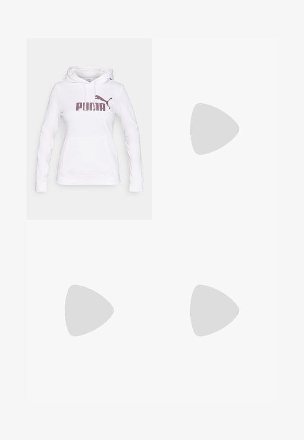 Witte hoodie met een kangaroo zak, voorzien van een bordeauxrood "PUMA" logo en silhouet, een trekkoordcapuchon en ribgebreide manchetten en zoom.; Zwarte cropped t-shirt van zacht materiaal, met een ronde halslijn, korte mouwen en een ontspannen pasvorm. Subtiele stikdetails.; Zwarte joggingsbroek van zacht materiaal, met een elastische tailleband met een trekkoord en geribde boorden. Witte logo-detail op de zijkant.; Zwarte leren sneaker met witte zool, voorzien van dunne zilveren accenten en een vetersluiting. Gladde textuur met merkdetails op de hiel.