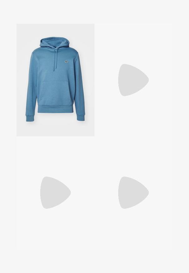 Light blue hooded sweatshirt made of soft fabric features a front kangaroo pocket, ribbed cuffs, and a small logo on the chest.; Short-sleeve, olive green shirt with a topographic line pattern in blue, featuring a button front and a small logo on the chest.; White cotton t-shirt with a round neckline and short sleeves. Features a left chest pocket and a small green Lacoste logo.; Beige sweatpants made of soft fabric, featuring a wide waistband, side pockets, and tapered legs for a relaxed fit.; White leather sneaker with perforated toe box, flat laces, and padded collar. Features embossed logo on the side and textured rubber sole.