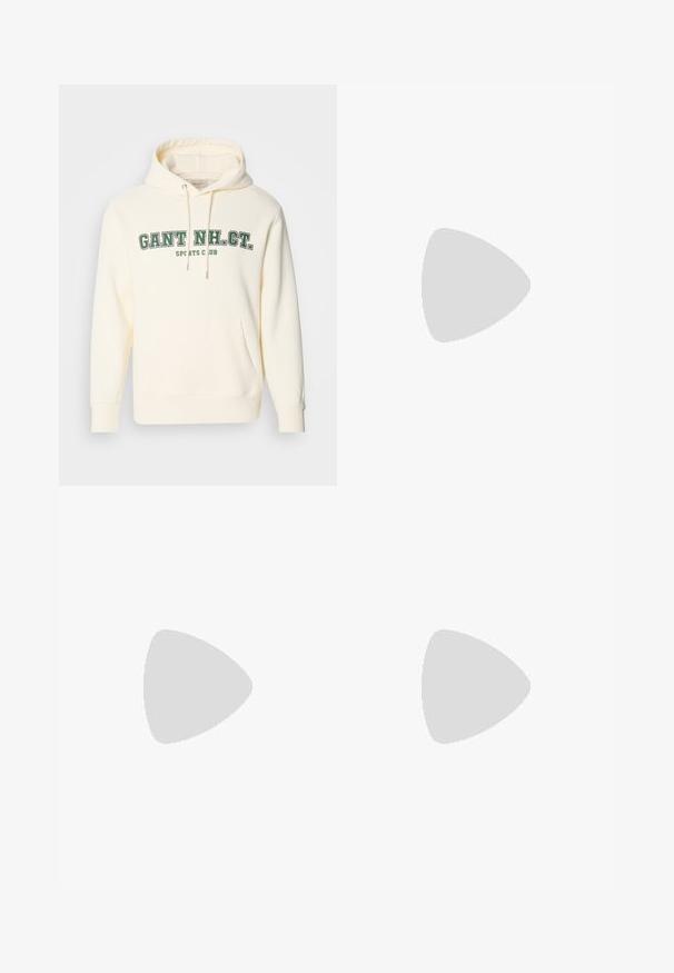 Sudadera de color crema con bolsillo canguro, capucha con cordón y estampado en verde "GANT NH. CT." y "SPORTS CLUB" en la parte frontal.; Camisa de botón de color verde claro con mangas largas, cuello clásico, bolsillo en el pecho izquierdo y una textura sutil. Presenta botones blancos y un detalle de logo.; Pantalones de traje azul marino, confeccionados en una tela suave, con un bolsillo con cremallera, perneras rectas y un cierre de botón en la cintura.; Zapatos navy de ante sin cordones con una suela de goma crema, que presentan un diseño cosido y una parte superior texturizada, combinados con pantalones negros.