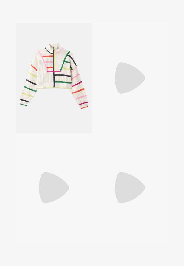 Knit cropped sweater in cream with multicolored stripes. High collar with a half-zipper, ribbed cuffs, and textured fabric.; Multicolored scarf featuring bold horizontal stripes in shades of blue, red, yellow, brown, and green. Smooth fabric with draped design.; Black wide-leg trousers with an elastic waistband, featuring a smooth texture and no visible pockets or embellishments.; Flat ballet shoe in white leather with a rounded toe, black elastic strap, and small gold emblem near the heel. Soft texture and minimalist design.