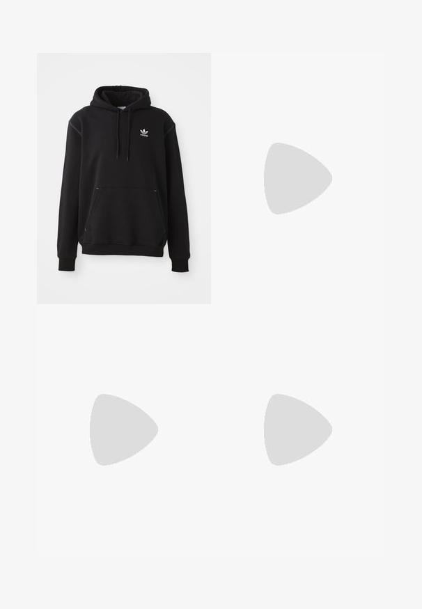 Sort bomuldshoodie med kängurulomme, hvid Adidas-logo, ribbede ærmer og kant, med snøre i hætten og syede detaljer.; Lyse lilla t-shirt med rund hals og korte ærmer. Har et cirkulært grafisk mønster i hvidt på venstre brystområde. Blødt bomuldsstof.; Lys blå denim jeans med et bredt ben-design. Har fem lommer, frontknap og lynlås lukning, samt en let falmet tekstur.; Hvide lædersneakers med grå ruskindsnæse, tre horisontale hvide striber, blå accent og brun gummisål. Tekstureret detalje på sålen.