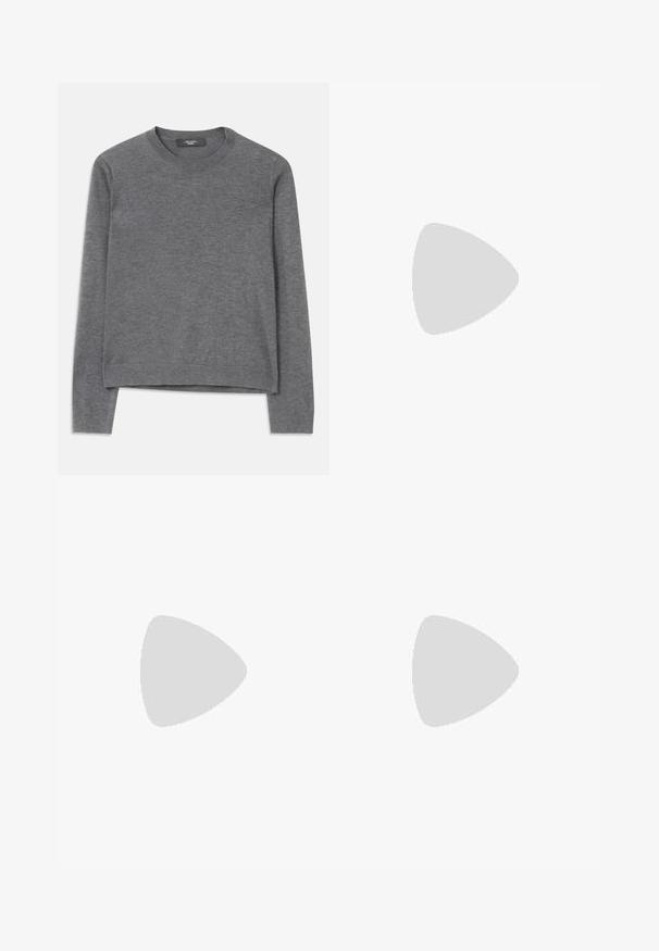 Sweater cinza de mangas longas em tecido de malha suave. Apresenta um decote redondo, punhos e bainha canelados, com um corte relaxado e construção sem emendas.; Jeans de denim azul claro com um corte descontraído, apresentando espirais brancas bordadas na perna esquerda. Corte reto e design clássico de cinco bolsos.; Bota de tornozelo em camurça preta com cano ajustado, bico fino e salto bloco baixo. Textura suave e design minimalista, adequada para estilos versáteis.; Bolsa de mão em pele bege com uma textura lisa, forma retangular e um fecho oval dourado. Possui uma alça longa e ajustável.