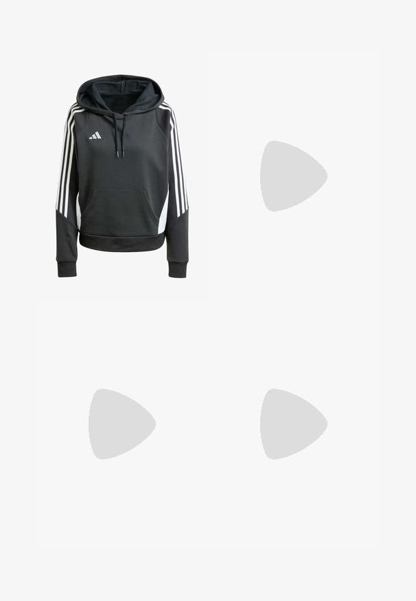 Black pullover hoodie with a front pocket, featuring white stripes along the sleeves and an embroidered logo on the chest. Cotton blend material.; Black cropped fitness tank top made of smooth, stretchy fabric; features a round neckline and a small, reflective logo on the front.; Black shorts made from stretchy fabric with a fitted design. Features a wide black waistband labeled "TECHFIT" and a white logo on the leg.; White athletic shoe with black stripes, mesh upper, rubber sole, and textured accents. Features a rounded toe and padded collar.