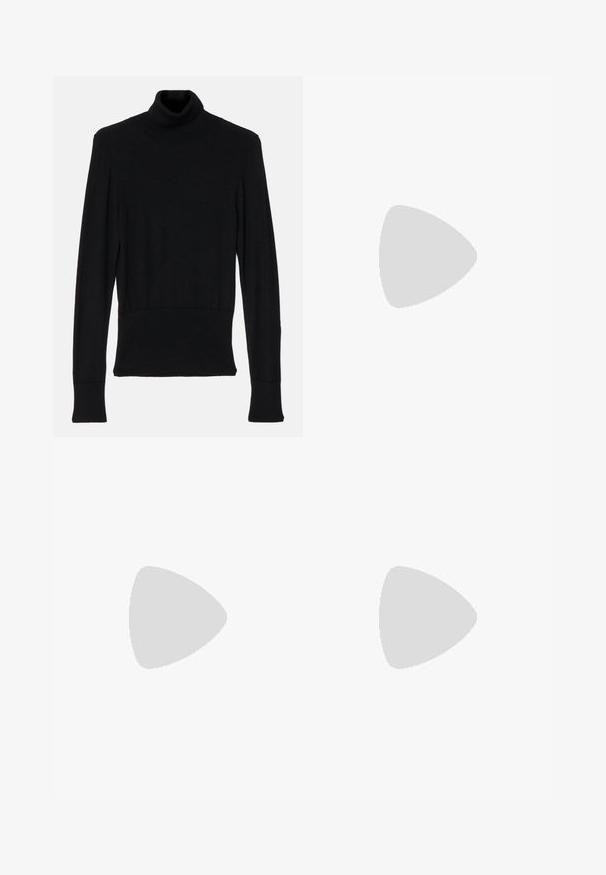 AERON TENDER LONG SLEEVED  - Neule - black; Musta kynähame, jossa on sileä kangas, korkea vyötärö, yksittäinen nappikiinnitys ja jämäkkä muoto, joka ulottuu juuri polvien alapuolelle.; Musta nahkasaapas, joka ulottuu polveen, sileällä pinnalla, pyöristetyllä varpaan muotoilulla, hillityllä designilla ja matalalla lohkokannalla. Ei näkyvää metalliosaa tai kuvioita.; Mustat muoviset aurinkolasit, joissa on vihreät linssit, neliönmuotoiset kehykset, hopeinen yksityiskohta kulmakarvojen kohdalla sekä tekstuuriset temppeleiden varret. Brändi ilmoitettu sisävarsissa.