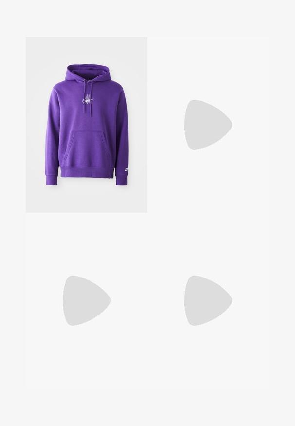 Lilla hoodie lavet af blødt materiale, med en frontlomme, snører til hætten og et hvidt logo på brystet. Glat overflade.; Lys-lilla bomulds T-shirt med et grafik af en pink og blå vingerende hest samt teksten "NIKE" og "athletics", kortærmet og med rund hals.; Lyse lavendel joggers lavet af blød stof med elastisk talje og samlede ankler. Har subtil branding på siden.; Grå sportssko med overdel i mesh og ruskind, hvide accenter, en polstret sål og et særpræget design med reflekterende elementer.