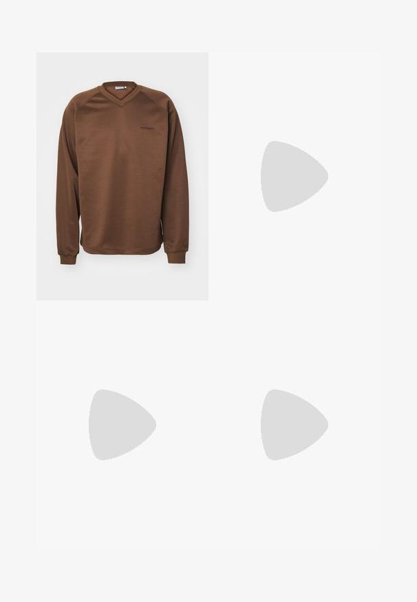 Brown sweatshirt with a v-neck design, long raglan sleeves, and ribbed cuffs. Features a subtle embroidered logo at the chest. Smooth texture.; Carhartt WIP DUSTER SCRIPT - Basic T-shirt - basalt; Cargo pants in olive green, made of cotton, with a wide leg design, pleats, and side pockets for utility.; Nike athletic shoes in a silver mesh material, featuring white laces, a black swoosh logo, and a black and red air cushioning sole.