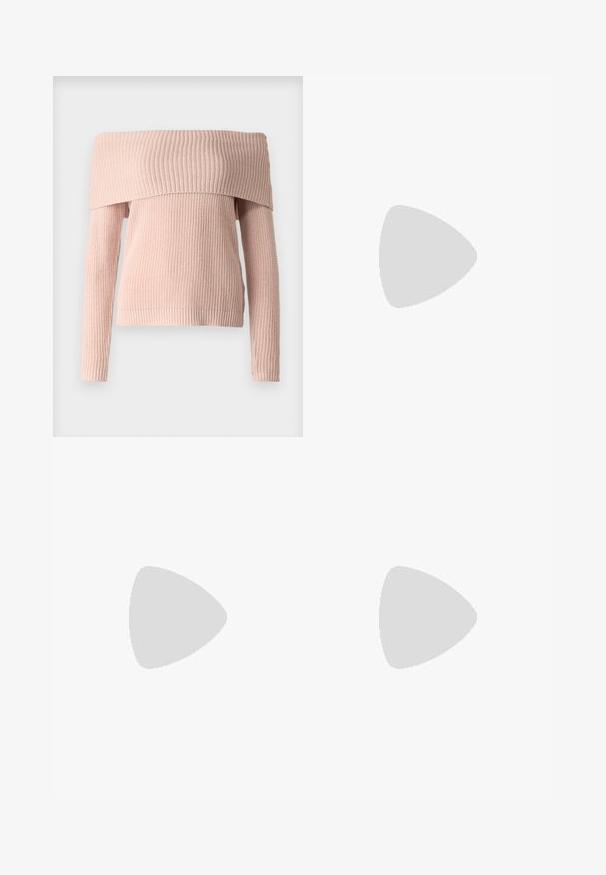 Off-shoulder strikkegenser i myk rosa. Har et teksturert rillemønster, lange ermer og en cropped hem.; Brun kordfløyel mini skjørt med en utsvingt design, med skrå sømmer og en glatt tekstur. Flatt liv på toppen.; Brune suédine knæhøje støvler med spids tå og en lille blokhæl, med en glat tekstur og minimalistisk design.; Brun lærcrossbody-veske med en buet form, gullhardware og et spenneakcent. Har en avtakbar skulderreim.