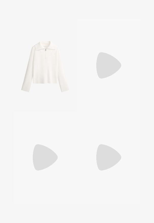 Witte trui met een grote kraag, rits aan de voorkant en lange mouwen. Gemaakt van ribstof met een cropped ontwerp.; Witte wijde broek gemaakt van zachte stof met een elastische tailleband en twee zijzakken; gladde textuur en minimale details.; Zwarte sportieve schoenen gemaakt van mesh en synthetische materialen. Beschikt over een gevoerde zool, textuurpatronen en reliëfbranding aan de zijkant.; Zwarte leren schoudertas met een gladde textuur, een gebogen bovenkant en een enkele schouderband. Voorzien van een ritsluiting en een minimalistisch design.