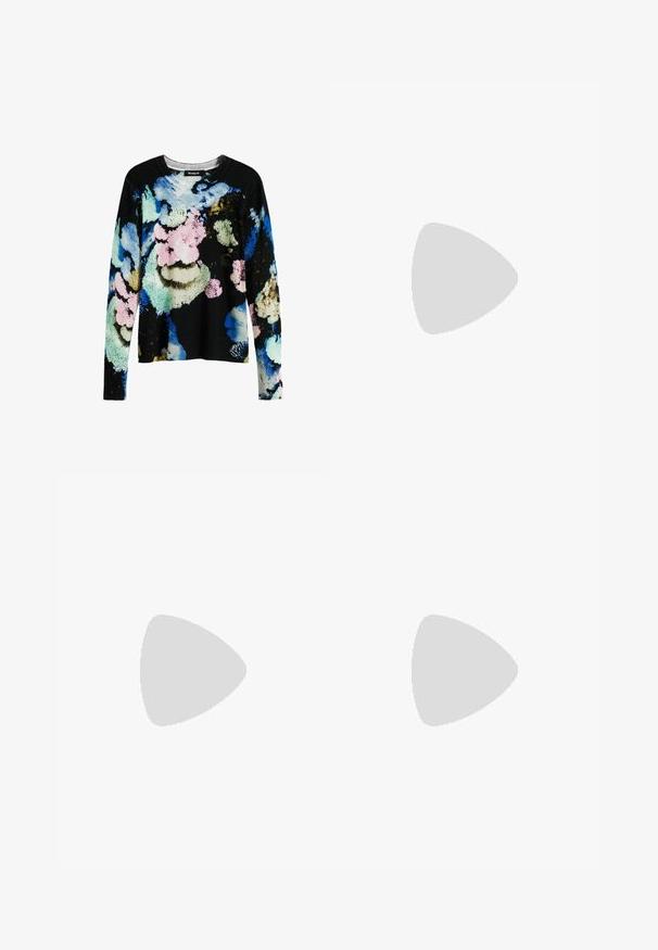 Black sweater featuring a colorful floral pattern in blue, pink, and green hues. Designed with long sleeves and a round neckline.; Floral maxi skirt with a white base, featuring blue flowers and green leaves. Gathered waistline and lightweight fabric for a flowing design.; Black leather pointy-toe pump with an ankle strap and a chunky heel. Flat texture, sleek design, and minimalistic aesthetics.; Black leather tote bag with smooth texture, rectangular shape, and two long handles. No visible hardware or embellishments.