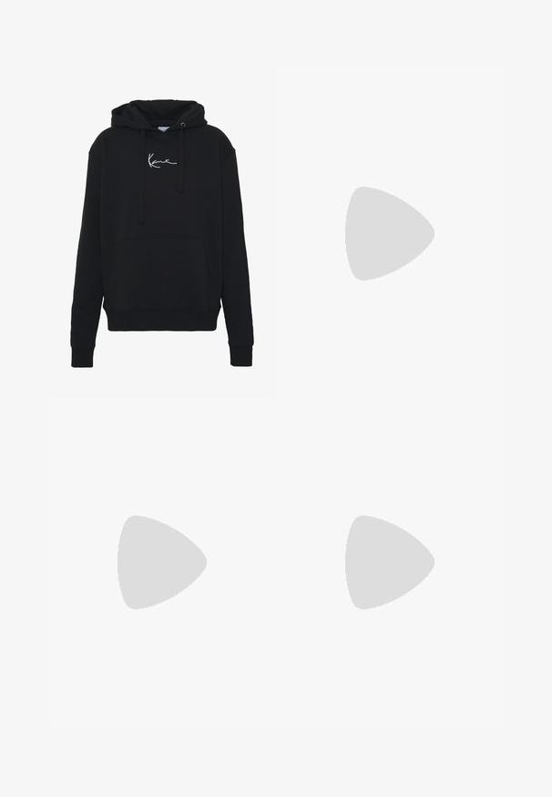 Black hoodie made of soft fabric, featuring a front pocket, drawstrings, and white logo embroidery on the chest. Classic fit and ribbed cuffs.; Black polo shirt made of cotton, featuring a classic collar, short sleeves, and a subtle, dark logo on the chest. Smooth texture.; Black denim wide-leg jeans with a high waist, featuring front pockets, a zip fly, and a button closure. Smooth texture and classic design.; Black and white Nike Dunk sneakers featuring a leather upper, perforated toe, black laces, and a black rubber sole with tread design.