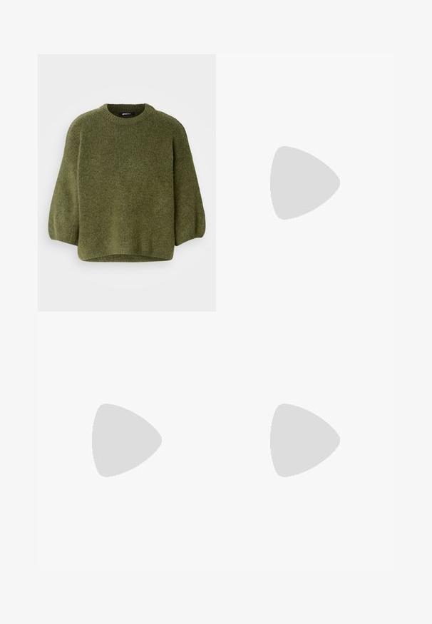 Olive green knitted sweater with a round neckline, balloon sleeves, and a slightly cropped hem. Soft texture with a ribbed pattern.; Olive green, knee-length satin skirt with a smooth texture and gentle flare. Features a waistband and no visible fastenings or patterns.; Knee-high black leather boots with a squared toe and block heel, shown with a model seated in an olive green coat. Smooth texture, minimal detailing.; Brown leather crossbody bag with a curved shape, gold hardware, and a buckle accent. Features a detachable shoulder strap.