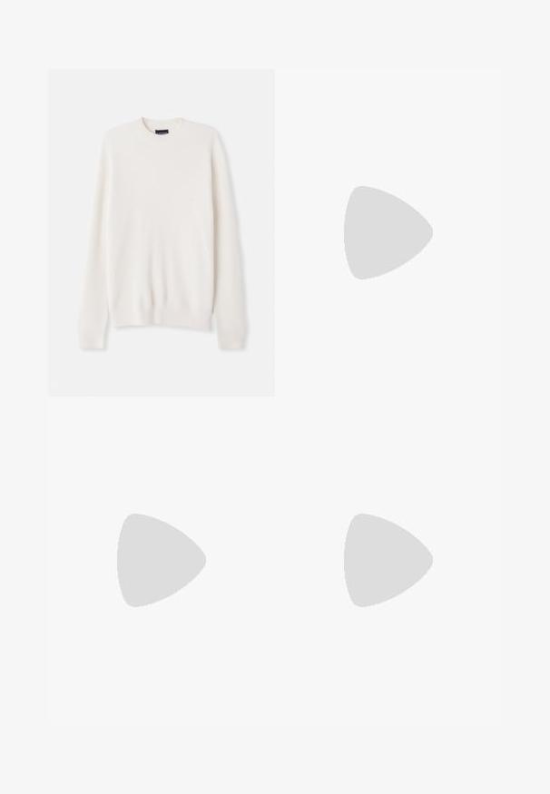 White ribbed knit sweater with a crew neckline and long sleeves. Features a small logo embroidery on the chest. Soft texture, fitted design.; Black tailored trousers with a straight-leg design, made of smooth fabric, featuring a front button closure and two side pockets.; Black leather loafers with a smooth texture, rounded toe, and a decorative strap across the vamp. Low stacked heel, minimalist design.; Silver beaded necklace with round metal elements and an elongated oval clasp. Smooth texture, measuring approximately 50 cm in length.