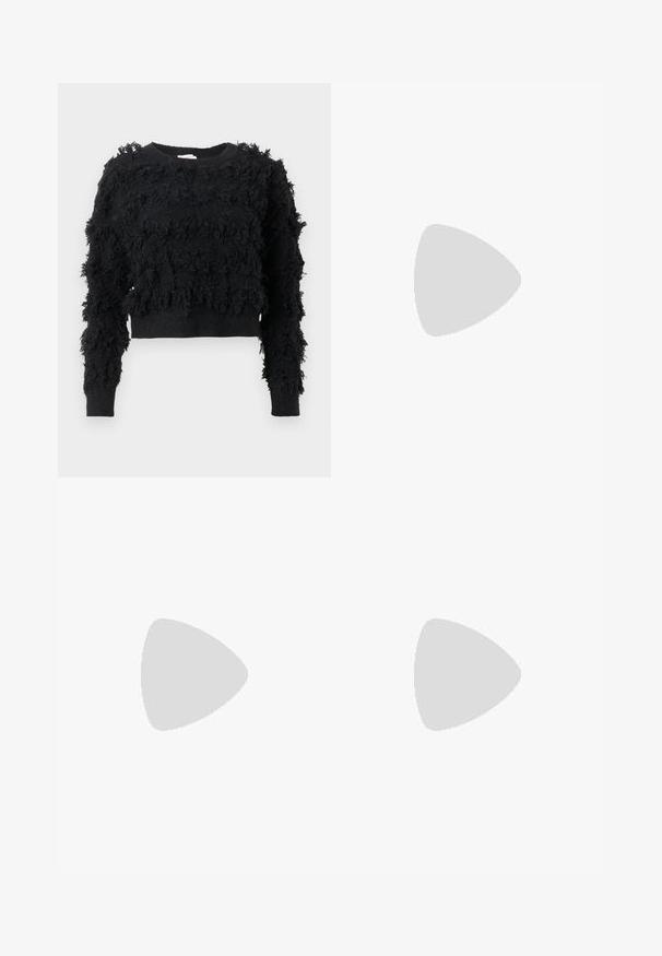 Black cropped sweater with a textured, fluffy surface. Long sleeves and a round neckline, featuring irregular patterns throughout the fabric.; Gray wide-leg trousers with a smooth texture, featuring a flat front, zipper closure, and minimal detailing. Tailored for a relaxed fit.; White slingback sandals with a slight heel, thin straps, and a smooth leather texture; features a small decorative buckle.; Pleated beige leather clutch with a silver metal frame, featuring two round decorative clasps and a silver chain strap.