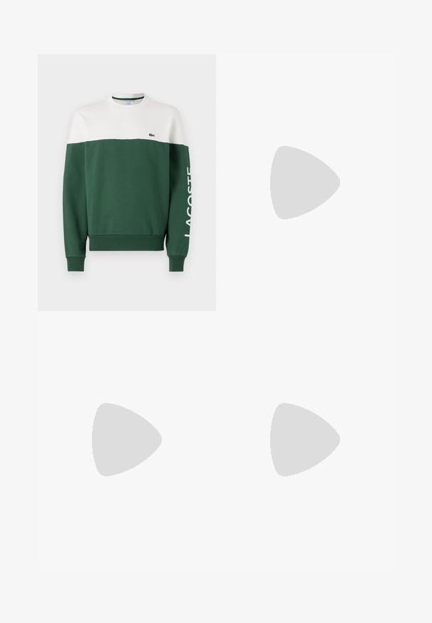 Sudadera verde y blanca de mezcla de algodón, con un diseño en bloques de color, puños acanalados y el logo "LACOSTE" impreso en blanco.; Camiseta de manga larga negra de algodón, con escote redondo y un pequeño logo de cocodrilo bordado en verde en el lado izquierdo del pecho.; Pantalones verde caqui con un diseño de pierna recta, frente plano y trabillas para cinturón. Hechos de una tela suave con un ligero brillo.; Zapatillas Lacoste en gris oscuro con material de malla y sintético, que cuentan con una suela texturizada y detalles en marrón en el cuello y la marca.