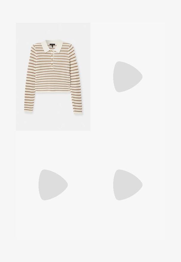 rag & bone VIOLA STRIPE  - Trui - ivory; Donkere bruine geribbelde body met dunne schouderbandjes, een V-hals en een aansluitende pasvorm met een open rugontwerp.; Bruine geruite rok met een geplooid ontwerp, oranje accenten en een zijzak. Gemaakt van textuurmateriaal met een aansluitende taille.; Gouden balletschoenen met een ronde neus, voorzien van een klein strikdetail en een metallic afwerking. Soepele textuur met een lage, blokhak.; Gouden hoepel oorbellen met twee verweven cirkelvormige vormen, gladde afwerking en een stud achtersluiting voor een veilige draagervaring.