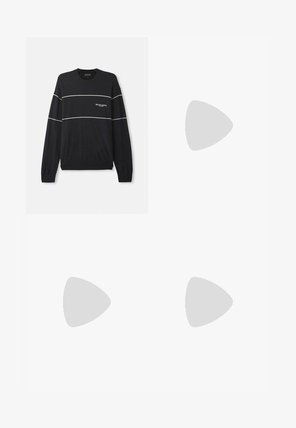 Navy knit sweater with long sleeves, featuring white horizontal stripes and a logo on the left chest. Ribbed cuffs and hem.; White short-sleeve V-neck t-shirt made from textured fabric with a subtle pattern. Features a small logo on the chest.; Filippa K WIDE TROUSERS - Trousers - driftwood; Brown leather dress shoe with a rounded toe, laces, and a smooth finish. Features a subtle cap toe design and a low stacked heel.
