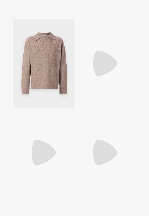 Rudas megztinis su V formos iškirpte ir smailu apykakle. Papuoštas rombų raštu, ilgomis rankovėmis, pagamintas iš švelnios, tekstūruotos medžiagos.; Kreminės spalvos trumpas rankovinis marškinėlis su užtrauktuku ir plokščiu apykakle, pagamintas iš minkštos medžiagos, pasižymintis laisvu kirpimu ir minimalistišku dizainu.; Bežiniai šortai su elastinga juosta ir raišteliu. Turintys tekstūruotą raštą ir raudoną "ksubi" logotipą kairėje pusėje.; Šviesiai geltoni zomšiniai ir odiniai sportbačiai, turintys paminkštintą pado ir siuvinėtus akcentus. Klasikinis raištelių modelis su apvaliu pirštu.