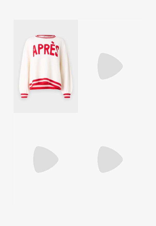 Cream sweater with oversized fit, red "APRÈS" text, and striped red and pink ribbed cuffs and hem. Knitted texture and relaxed sleeves.; Alice + Olivia DELAINA CREW  - Long sleeved top - multi-coloured; Light blue denim wide-leg jeans with a high waist, frayed hem, and contrasting stitching. Features front pockets and a classic button closure.; Black leather ballet flat with a rounded toe, smooth texture, minimal stitching detail, and a flexible sole design.