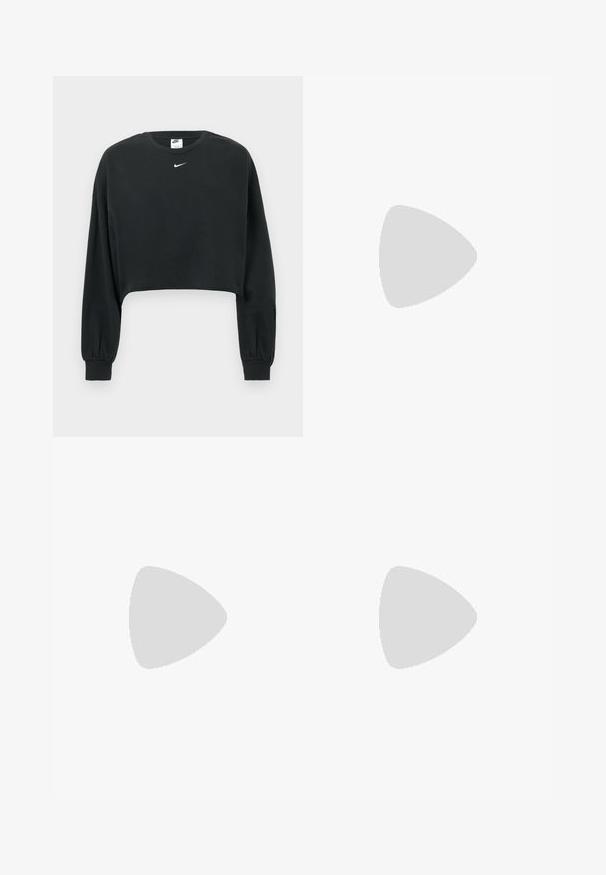 Musta lyhennetty collegepaita, valmistettu puuvillasekoitteesta, jossa on pitkät hihat, resoriset hihansuut ja pieni valkoinen Nike-logo rinnassa.; Mustat urheiluhaut, joissa on kiiltävä ja sileä kangas, elastinen vyötärö, leveät lahkeet ja pieni logo vasemmalla puolella.; Beige nilkkurit, jotka on valmistettu tekstiilistä, valkoisella paksulla pohjalla, pyöreällä kärjellä ja metallisilla nauha-aukkoilla. Suunniteltu logotiedolla sivussa.; Mustapohjainen nahkalaukku, jolla on pyöreä muoto, kiiltävä pinta ja hopeiset varusteet. Henkilöllä on päällään mustat leveälahkeiset housut ja niittilapaset.