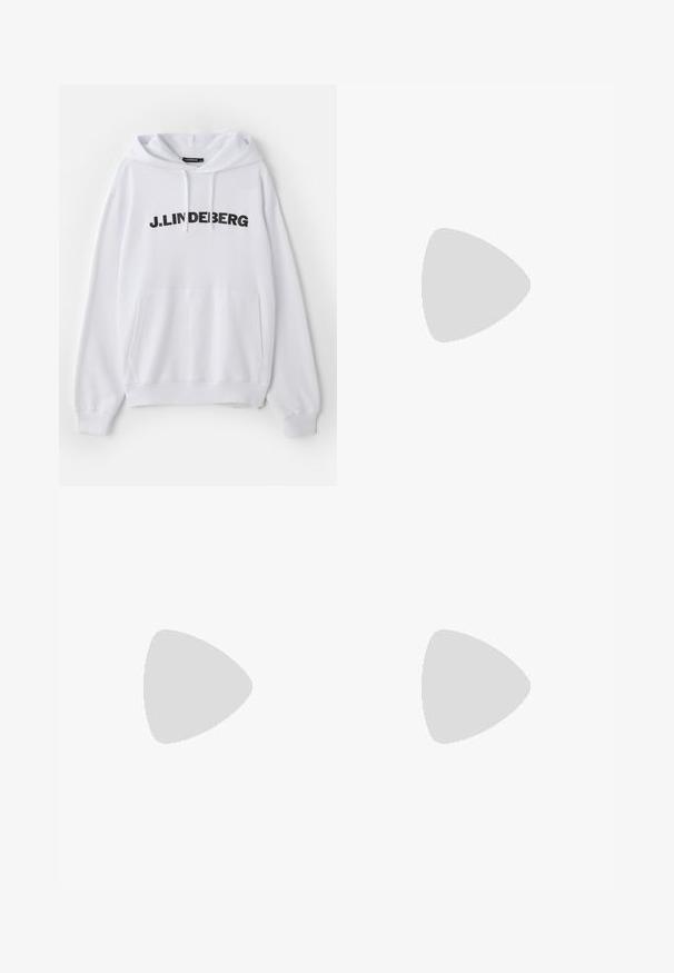 Sudadera blanca con un bolsillo frontal, capucha con cordón y un texto negro llamativo que dice "J. LINDEBERG" en el pecho. Textura de tela suave.; Camiseta de algodón azul de manga corta con un oscuro logo "HL" en el pecho. La tela tiene una textura suave y un cuello redondo.; Pantalones azul marino de algodón, con un diseño de pierna recta, cierre frontal de botón y una cintura clásica con pasadores para cinturón.; Zapato negro de tejido con un acento de cuero suave en la parte superior, diseño de punta redonda y suela de goma de perfil bajo.