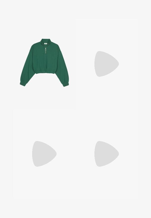 Green cropped sweatshirt made of soft fabric, featuring a half-zip collar, elastic cuffs, and a relaxed fit with dropped shoulders.; Wide-leg white denim pants with side pockets and a straight cut design, featuring a button closure and contrasting stitching details.; Brown suede ankle boot with black elastic side panel, pull tab, block heel, and embossed tree logo on heel counter.; Brown leather tote bag with a smooth texture, open top design, and two shoulder straps. Features minimal stitching and no visible hardware.
