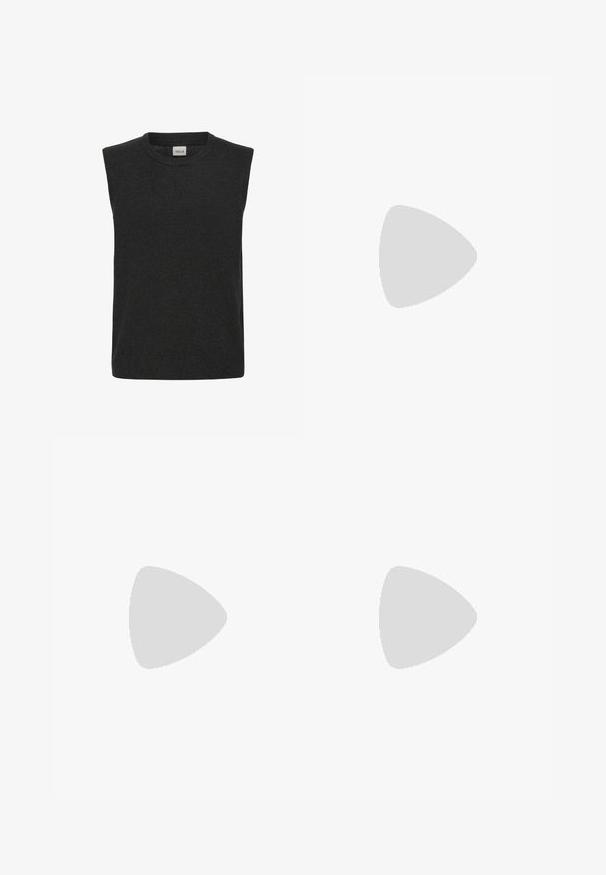 Bez rękawów sweter dzianinowy w ciemnoszarym kolorze, z okrągłym dekoltem i miękką fakturą. Prosty design bez widocznych wzorów lub akcentów.; YOURTURN UNISEX czarny; Czarne skórzane mokasyny z szerokim paskiem na froncie, gumowa podeszwa z grubym bieżnikiem i gładką teksturą. Klasyczny, elegancki design.; Czarne prostokątne okulary przeciwsłoneczne z ciemnymi soczewkami; wykonane z plastiku, o gładkim wykończeniu, grubych oprawkach i subtelnym oznakowaniu z boku.