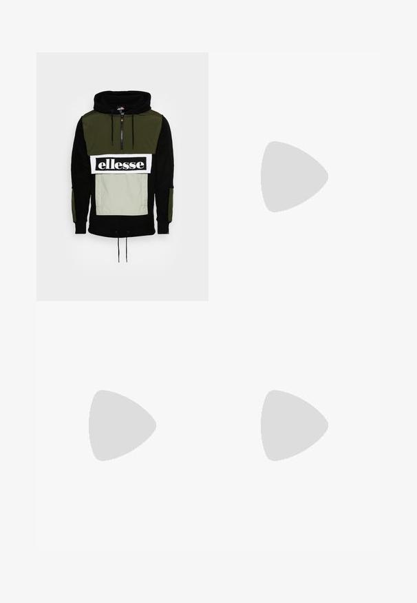 Ellesse PERIODIC - Fleecepullover - black/khaki; Weißes Baumwoll-T-Shirt mit kurzen Ärmeln, das ein marineblaues gesticktes Logo auf der linken Brust und einen lebhaften Farbakzent über dem Logo präsentiert.; Schwarze Sweatpants aus weichem Material verfügen über einen taillierten Beinschnitt, einen elastischen Bund, seitliche Taschen mit Reißverschlüssen und eine kleine Logo-Akzentuierung.; Schwarze und grüne Sneakers mit einem gemusterten Mesh-Obermaterial, weißem Swoosh-Logo, gepolstertem Kragen und einer sichtbaren Luftpolsterung in der Sohle.