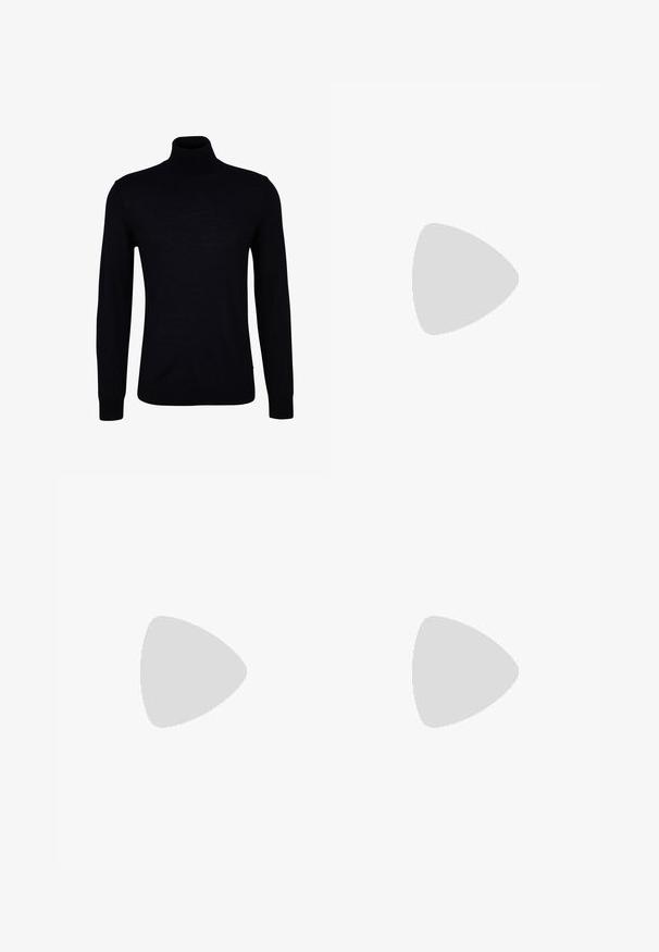 Maglione nero a collo alto in un tessuto a maglia morbida. Presenta maniche lunghe, un collo aderente e polsini e orlo a coste per una vestibilità aderente.; Jeans in denim blu scuro con taglio dritto. Caratteristiche includono una chiusura con bottone e zip, cinque tasche e cuciture a contrasto.; Sneaker Lacoste grigie scure in materiale mesh e sintetico, con suola testurizzata e dettagli marroni sul colletto e sul branding.; BOSS Occhiali da sole - black