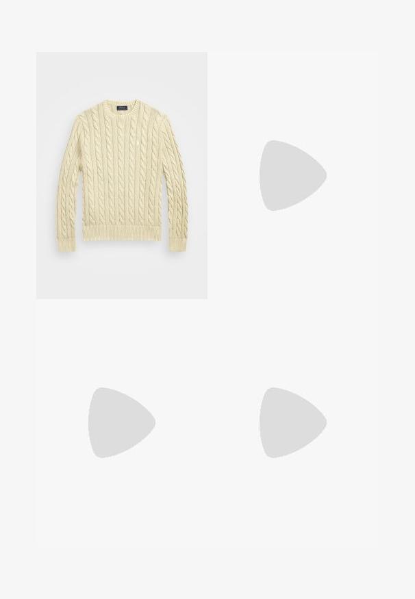 Cream-colored cable-knit sweater with long sleeves, ribbed cuffs and hem, featuring intricate textured patterns, labeled "Polo Ralph Lauren."; Beige long-sleeve shirt made of cotton blend. Features button-down collar, seven front buttons, and a small embroidered logo on the left chest.; Brown chinos made of lightweight cotton. Features a flat front, belt loops, and side pockets. Smooth texture with a clean, tailored fit.; White leather sneakers, low-top design, featuring a smooth texture, round toe, laced front, and a small embroidered logo on the side.
