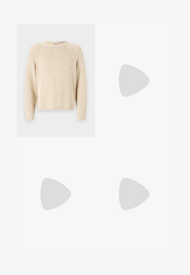 Beez värvi kudum, ümar kaelus, raglaani varrukad ja soonikkoes äär. Tekstuuriga kangas, millel on lõtv istuvus ja kootud välimus.; Laiad mustad denim püksid, millel on kontrastne kollane õmblus, viie tasku disain ja nööp sulgemine vöökoha juures. Vastupidav materjal.; Mustast nahkajalastest Chelsea saapad elastsete külgpaneelidega, tekstuurse viimistlusega, ümarate varvastega ja madala paksu kontsaga. Omab tõmbeaasat, et neid oleks lihtne jalga panna.; Kuldsetoonilised metallprillid ruudukujuliste läätsedega ja pruuni tooniga. Sujuv disain sisaldab õhukesi tempere ja minimaalsete detailidega aksessuaare.