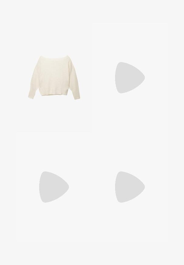 Kermakoulunen off-the-shoulder-neule, jossa on ribbireunus ja pitkät, leveät hihat. Pehmeä rakenne, rento istuvuus. Yksinkertainen, minimalistinen muotoilu.; Valkoinen hihaton toppi, joka on valmistettu ribbitetystä kankaasta ja jossa on mustia niittejä kaula-aukon ja kädentiet ympärillä. Yksinkertainen, istuva malli.; Ruskeat urheilushortsit, jotka on valmistettu sileästä kankaasta ja joissa on rento istuvuus. Shortseissa on valkoiset sivuraidat ja brodeerattu logo alhaalla vasemmassa helmassa.; Mustat nahka ballet-litistet kengät, joissa on terävä kärki, solkiriipus ja rutistettua yksityiskohtaa vampissa. Litteä pohja, sileä pinta.