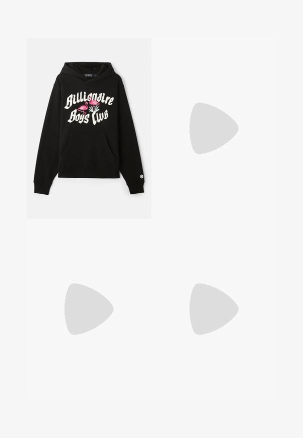 Black hooded sweatshirt with a front kangaroo pocket. Features white text "Billionaire Boys Club" and pink flamingo graphics on the chest.; White cotton t-shirt, crew neckline, short sleeves, smooth texture, no patterns or accents, simple design, standard fit.; Light green sweatpants made of soft cotton, featuring an elastic waistband, side pockets, and subtle graphic detailing along one leg.; Beige suede sneakers with a smooth texture, lace-up design, and rubber soles, paired with rolled-up tan pants.