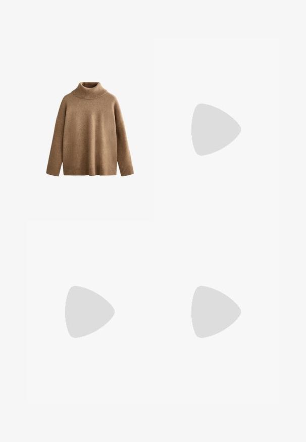 Maglione a collo alto lavorato a maglia marrone con colletto e polsini a coste. Silhouette morbida e ampia con una texture liscia e design senza cuciture.; Pantaloni larghi marroni realizzati in tessuto morbido, dotati di vita alta, texture sottile e una silhouette fluida senza chiusure o decorazioni visibili.; Stivaletti alla caviglia in suede beige con un interno morbido, dotati di suola platform e di una linguetta sul retro per una facile indossabilità. Suola in gomma texturizzata.; Borsa tote trapuntata beige con doppio manico, texture morbida e chiusura con zip su un lato. Forma semplice e arrotondata con dettagli di design minimali.
