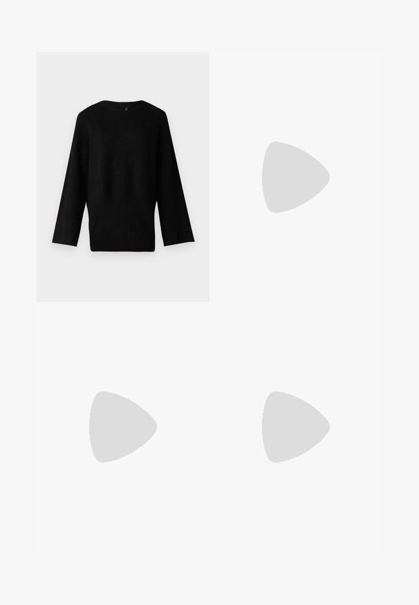 Black knitted sweater with a wide, round neckline, long sleeves, and ribbed hem. The texture appears soft and slightly stretchy.; Black faux leather pants with a high waist, five metallic buttons, zippered side pockets, and fitted design. Features visible stitching details.; Brown leather cowboy boots with pointed toe and block heel, featuring detailed stitching and raised accents on the shaft.; Black, angular sunglasses with gray lenses; made of plastic, featuring thick arms with a smooth surface and no visible hardware.; Black leather clutch bag with a flap and a gold metal buckle detail. Includes a black strap and a sleek, minimalist design.; Gold hoop earrings with a smooth, shiny finish. Circular design featuring a small post and clear backing for secure wear.