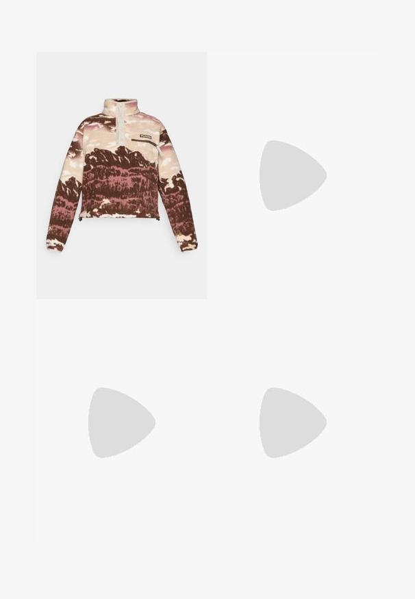 Fleece pullover in brown, cream, and pink abstract print. Features a high collar, button placket, and zippered chest pocket.; Black long-sleeve t-shirt made of cotton with a round neck. Features a small white logo on the left chest area. Simple design and fit.; Beige, wide-leg trousers made of lightweight fabric. Features an elastic waistband with a drawstring and a printed logo on the side.; Beige and cream athletic shoe with textured mesh upper, supportive overlays, and rubber outsole featuring a tread pattern for traction.