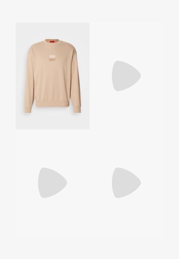 Beige sweatshirt with a round neckline and ribbed cuffs. Features a small square logo in pale colors on the front. Soft, smooth texture.; Beige cotton t-shirt featuring a blue geometric pattern with a bird design. Red label with "HUGO" at the neckline. Short sleeves, crew neck.; Beige lightweight pants with an elastic waistband and a black belt, featuring zippered pockets and adjustable cuffs. Smooth fabric texture.; Black leather loafers with a rounded toe, front strap detail, and a low rubber sole. Features subtle stitching and a rear pull tab.