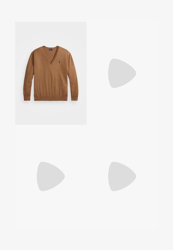 Brown V-neck sweater made from soft fabric, featuring long sleeves and a small blue embroidered emblem on the left chest.; Navy blue wide-leg pants with an elastic waistband and drawstring. Made of smooth, lightweight fabric. No visible patterns or hardware.; White leather sneakers, low-top design, featuring a smooth texture, round toe, laced front, and a small embroidered logo on the side.; Brown leather handbag with a crescent shape, featuring a zip closure and a gold-tone logo tag. The strap is adjustable and removable.