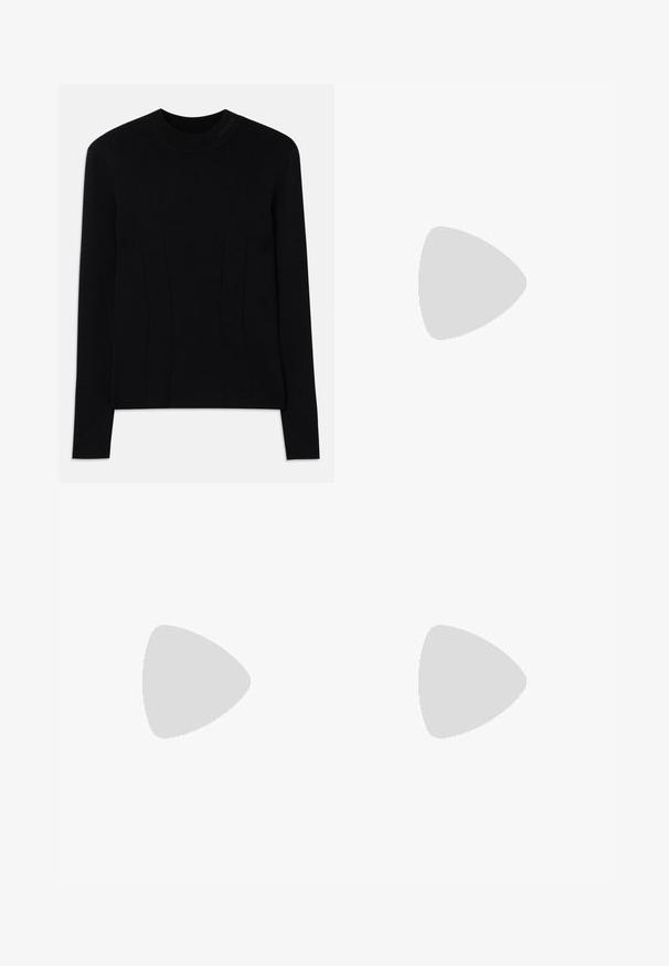 Must musträkk, millel on ümar kaelus, valmistatud siledast kangast. Omab vertikaalseid õmblusi struktuuri jaoks ja tekstureeritud brändimist kaeluse peal.; Must must pikk, laia ja voolava disainiga must seelik. Omab lapikute esiosadega vöökoht ja üht nuppu esikoti detailil.; Must musta kõrge kontsaga king, millel on terav nina ja lõikekujundus; sisaldab peent kuldset aktsenti kontsal. Lihtne ja elegantne.; Must must nahk Seljakott klapi sulgemisega, esikoti, külgsete tõmblukkudega sektsioonide ja ülemise käepidemega. Esiküljel on logo detailid.