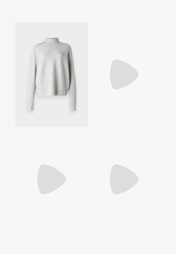 Light gray turtleneck sweater, made of soft fabric, featuring long sleeves and a relaxed fit, with a smooth, fine texture.; Black wide-leg trousers made of smooth fabric, featuring a flat-front design, pleated details, and belt loops at the waistband.; Black leather loafer with a stitched design, smooth finish, low block heel, and silver accent detailing. Classic rounded toe shape.; Black leather handbag featuring a structured design, dual top handles, gold-tone buckle accent, and embossed brand logo at the front.