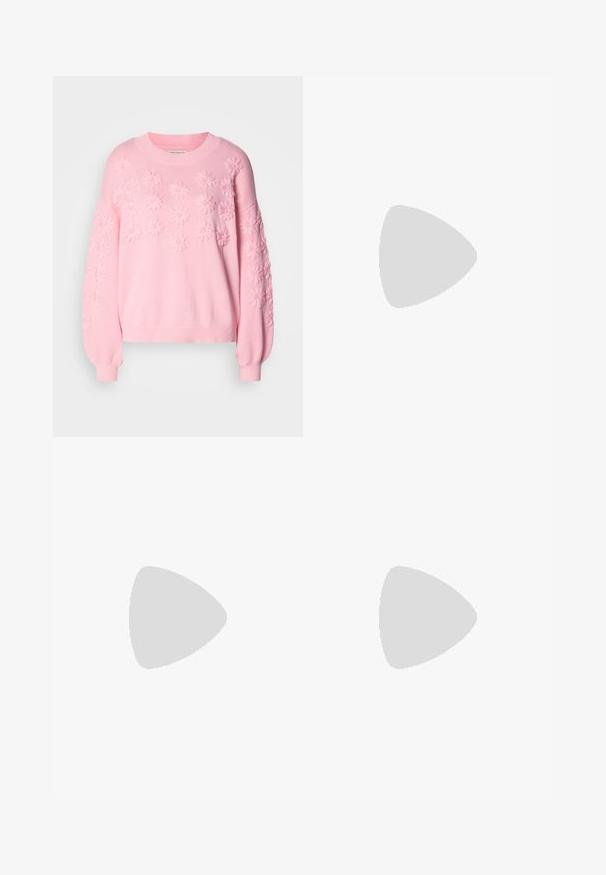 Pink knitted sweater with raised floral pattern across the front and sleeves. Features ribbed cuffs and neckline. Soft texture, relaxed fit.; Beige wide-leg trousers made of structured fabric, featuring a minimalist design with pressed creases and a flat waistband.; White leather Mary Jane flats with a pointed toe, side buckle, and low black heel. Smooth texture and minimalistic design.; Gold hoop earrings with a textured, irregular shape. Features a seamless closure and a polished surface finish, emphasizing a modern design.