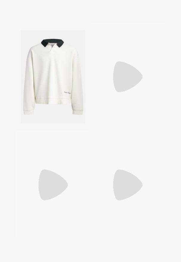 Crew-neck pulovers off-white kokvilnā ar kontrastējošu tumši zaļu apkakli. Ietver ribotu tekstūru un izšuvumu tuvumā pie apakšmalas.; Krēmlādas kokvilnas T-krekls ar īsām piedurknēm, ar kārtīgu apkakli, ko akcentē tumši zila un balta svītra. Gluda tekstūra, brīva piegriezuma.; Tumši zili dženimi ar taisnu piegriezumu, kas piedāvā piecus kabatas, kontrastējošu diegu un nelielu izplešanos apakšmalā.; Beidzī lasi ar strukturētu zamšādu priekšpusi, gludiem ādas sāniem un brūnu gumijas zoli. Iekļauti auklas un viegla šuvuma detaļas.