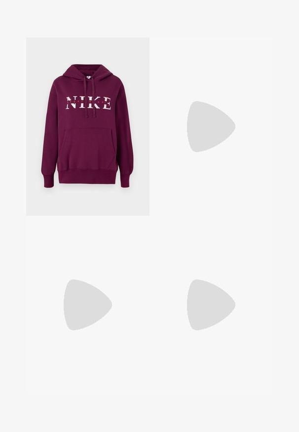 Fialová mikina Nike s predným vreckom, kapucňou na šnúrku a veľkým bielym textom "NIKE SPORTWEAR." Mäkká tkanina a rebrované manžety.; Hnedé bavlnené nohavice so strihom rovného nohavice, s plochým predným dielom a pútkami na opasok. Hladká textúra, bez viditeľných vzorov alebo akcentov.; Hnedé Nike tenisky s kombináciou materiálov, vrátane kože a sieťoviny, s čiernym swooshom a bielou medzipodrážkou. Nosené s krémovými kordovým nohavicami.; Strieborné kruhové náušnice s minimalistickým dizajnom. Cirkulárny tvar, hladký povrch a tenký profil. Ľahké s lesklým povrchom.