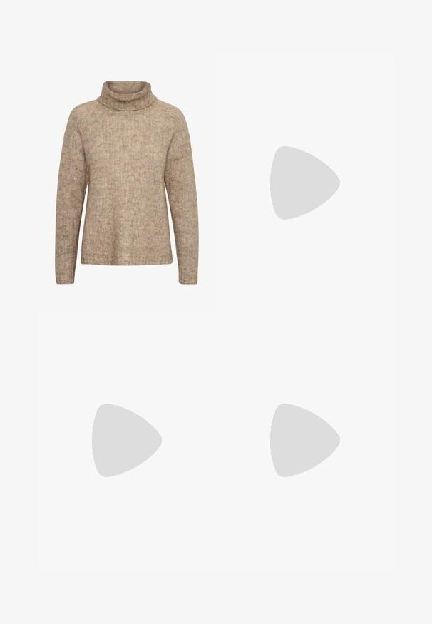 Beige trui met een hoge, omgeslagen col. Gemaakt van een gestructureerde breisel. Heeft lange mouwen en een relaxte pasvorm, met ribbel details aan de onderrand.; Langsleeve witte t-shirt van zacht katoen. Heeft een ronde halslijn en een rechte snit met minimale naden en geen zichtbare logo's of patronen.; Wijdvallende donkere spijkerbroek met zichtbare stiksels, vijf zakken en een blauwe wasafwerking. Gecombineerd met rode sneakers.; UGG CLASSIC MINI II - Snowboots  - burnt cedar; Rode leren hobo tas met een brede, slungelige vorm en een grote opening, met een subtiele textuur en een op de voorkant geperst logo.