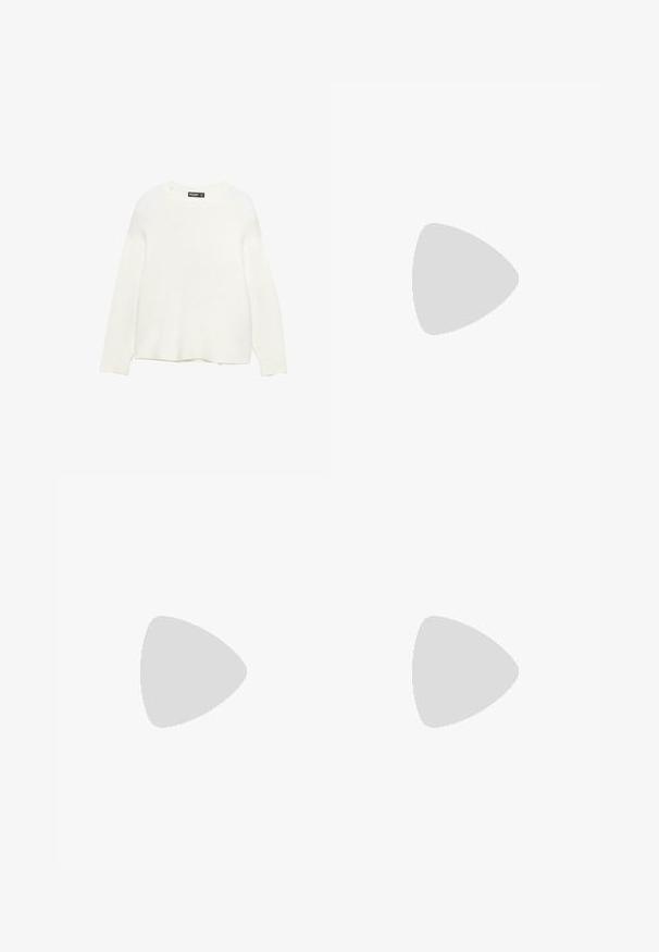 Bijela puloverica izrađena od mekog, teksturiranog materijala. Ima okrugli izrez i duge rukave. Ravno krojena donja ivica s opuštenim krojem.; Brixton BOWERY  - Majica - white cap/pinecone brown/saffron; Široke traperice u tamnoplavom denimu s gradijentnim završetkom, s dugmetom za zatvaranje, dizajnom od pet džepova i strukturiranim šavovima.; Smeđi antilop mokasini s округлим nosom, trakom preko gornjeg dela, i ravnim gumiranim đonom. Jednostavan dizajn s čistim linijama i minimalnim detaljima.